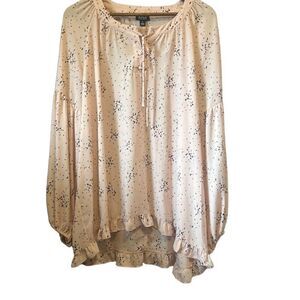 a.n.a Womens Blouse‎ L Large Pink Black Print Long Sleeve Flowy Tie Neck